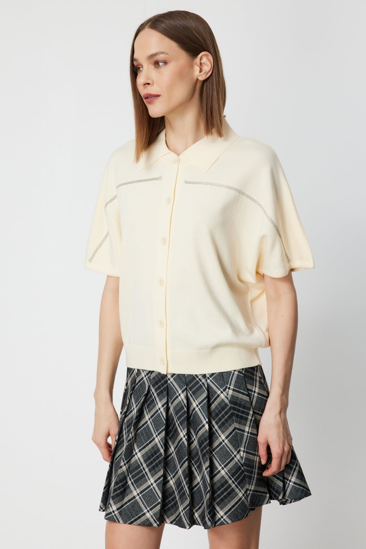 Ten Chain Embroidered Buttoned Knit Sweater