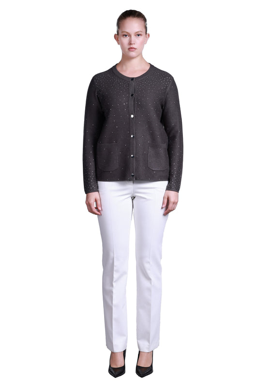 Sempre Minimalist Round Neck Long Sleeve Women's Sweater - Stone Detail