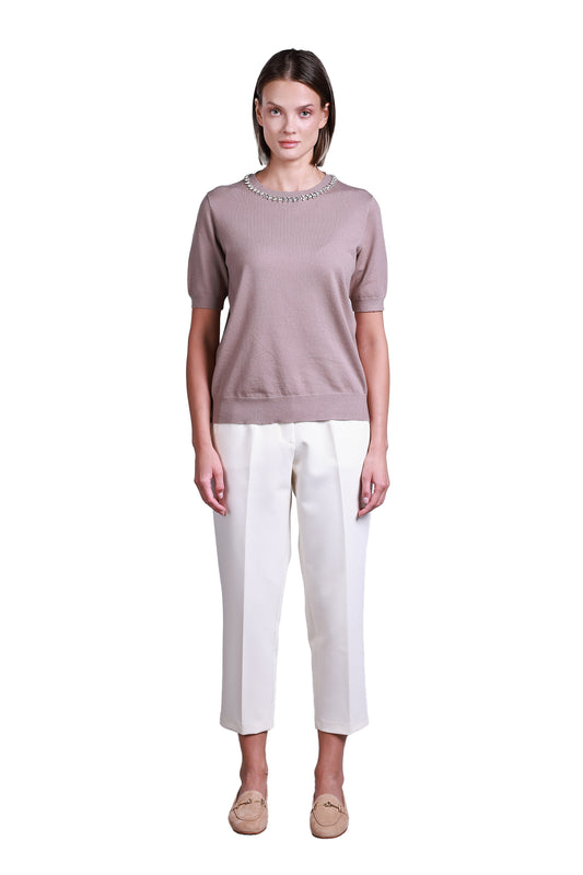 Sempre Minimalist Women's Sweater - Short Sleeves, Stone Detail, Everyday