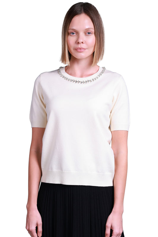Sempre Minimalist Women's Sweater - Short Sleeves, Stone Detail, Everyday