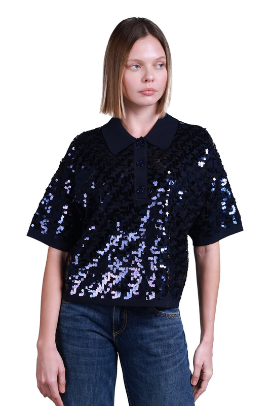 Sempre Sequin Polo Collar Crop Women's Sweater - Short Sleeves