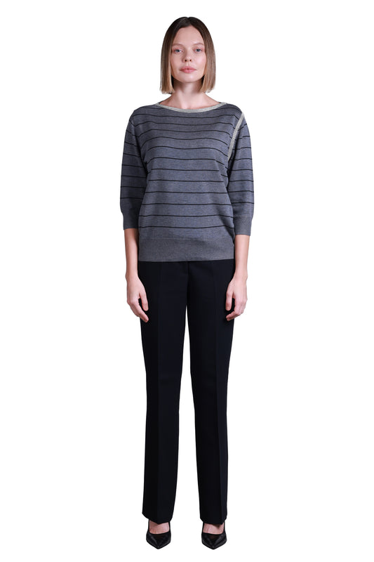 Sempre Minimalist Striped 3/4 Sleeve Women's Sweater - Modern and Comfortable