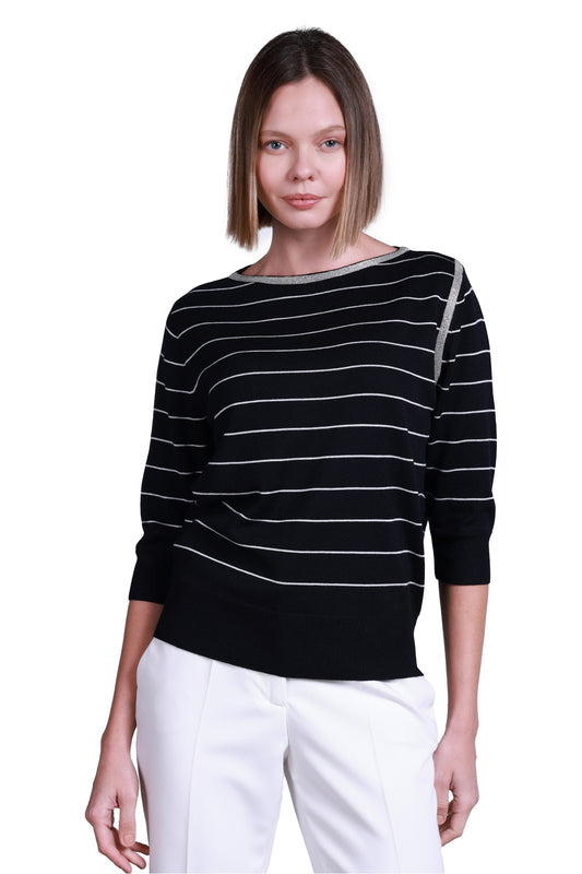 Sempre Minimalist Striped 3/4 Sleeve Women's Sweater - Modern and Comfortable