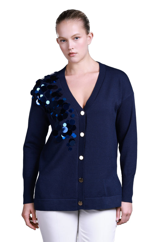 Sempre Oversize V-Neck Sequin Long-Sleeve Sweater - Casual & Chic