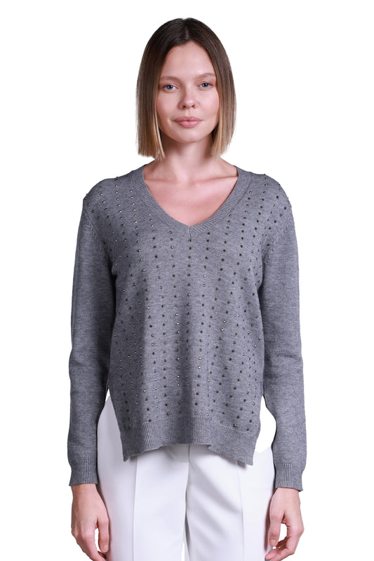 Sempre Minimalist V-Neck Women's Sweater with Stone Details - Long Sleeves