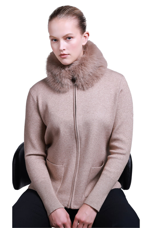 Sempre Women's Minimalist Sweater with Fur Detail and Zip-Up