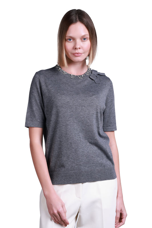 Sempre Minimalist Pearl Detail Women's Sweater - Short Sleeve