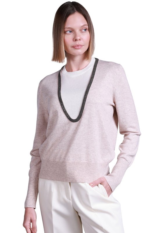Sempre Women's Sweater - Minimalist V-Neck, Long Sleeve, Casual & Office