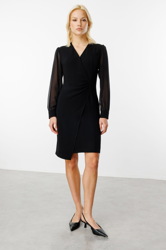 Wrap-Neck Dress with Tulle Sleeves (Ekol)
