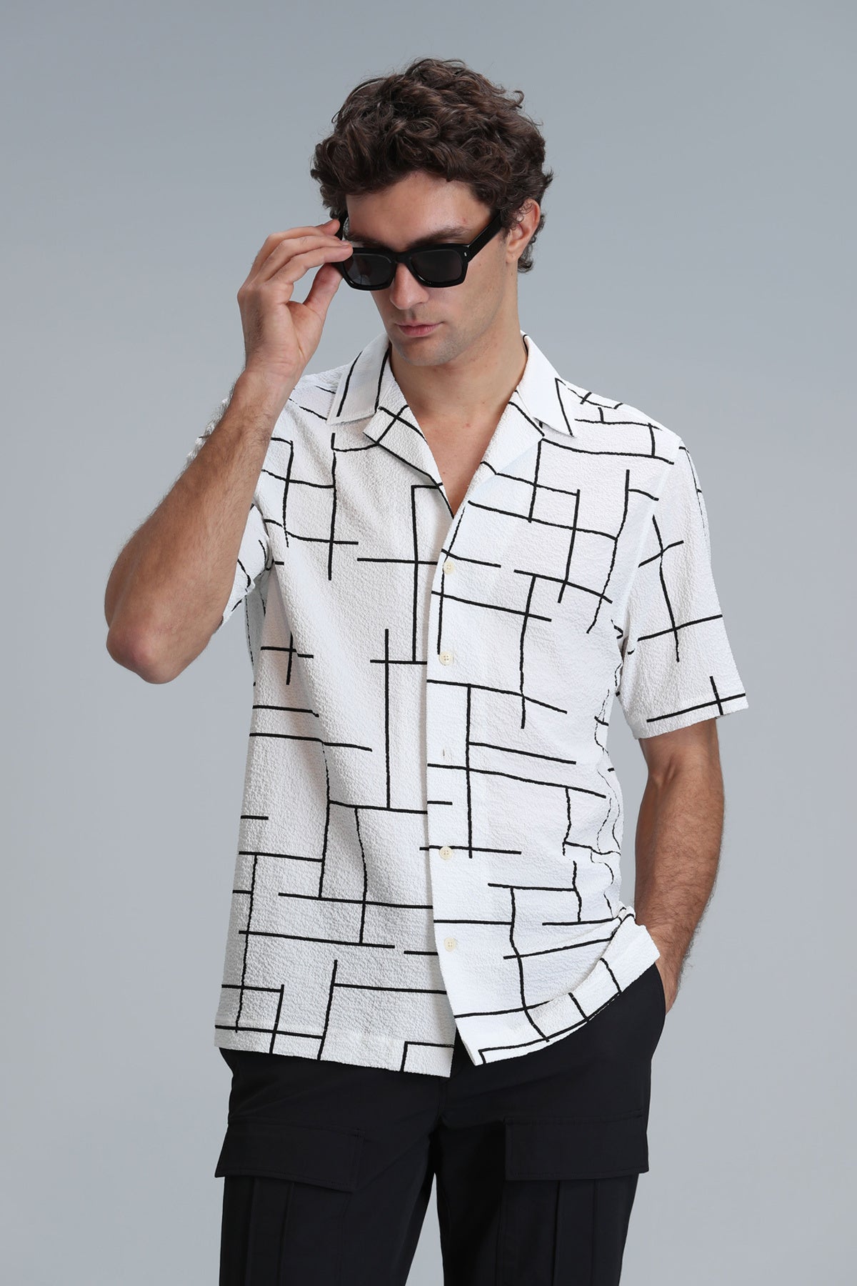 Lufian Minimalist Kısa Kol Geometrik Desen Erkek Gömlek - Yazlık, Günlük