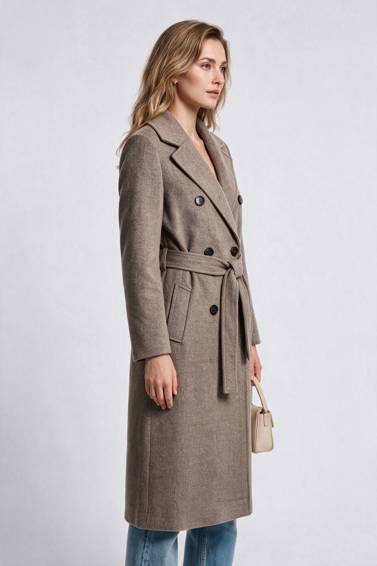 Ekol Kadın Kruvaze Kuşaklı Uzun Manto Geniş Devrik Yaka