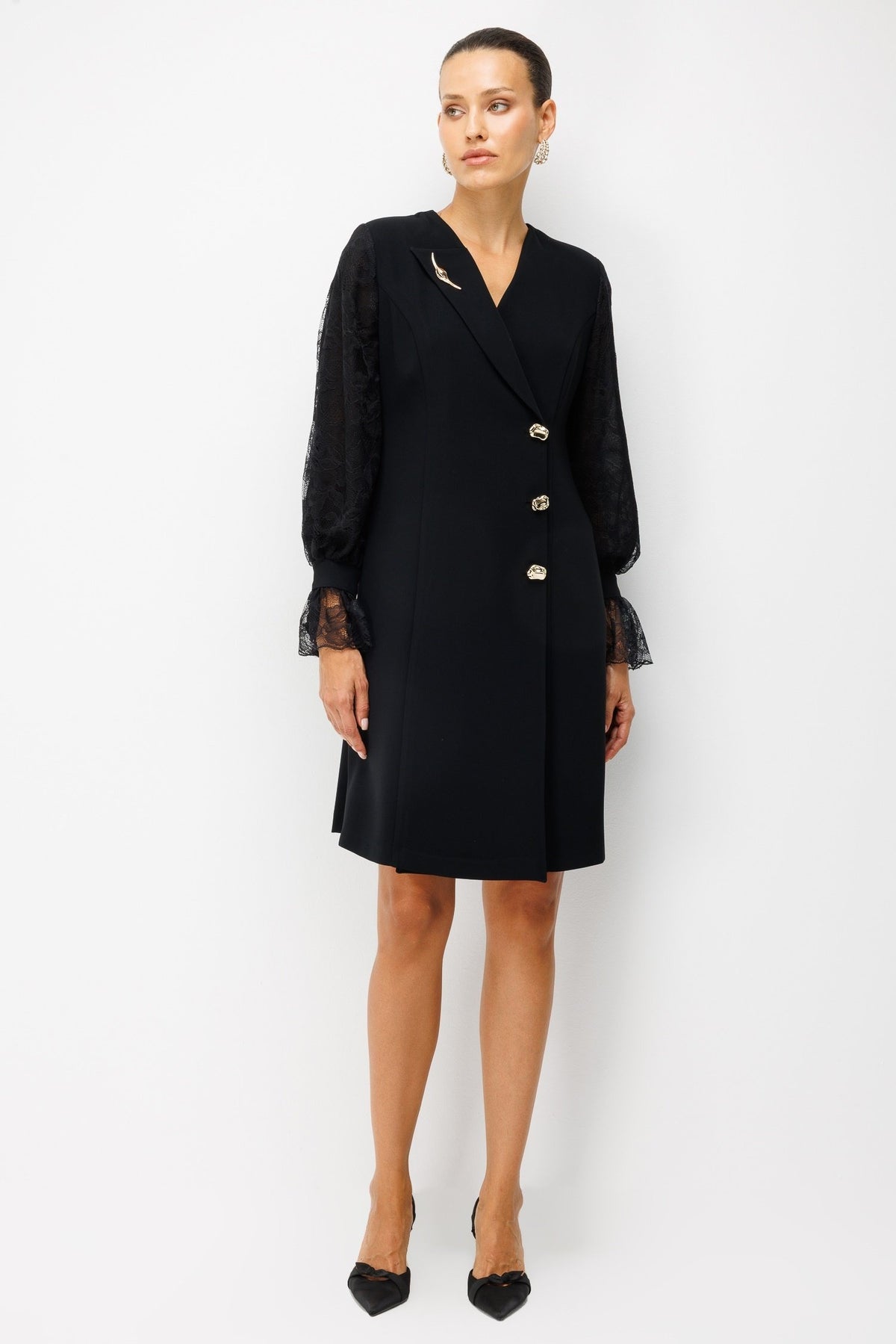 Modailgi Asimetrik Yaka Kolları Dantelli Kruvaze Elbise Siyah