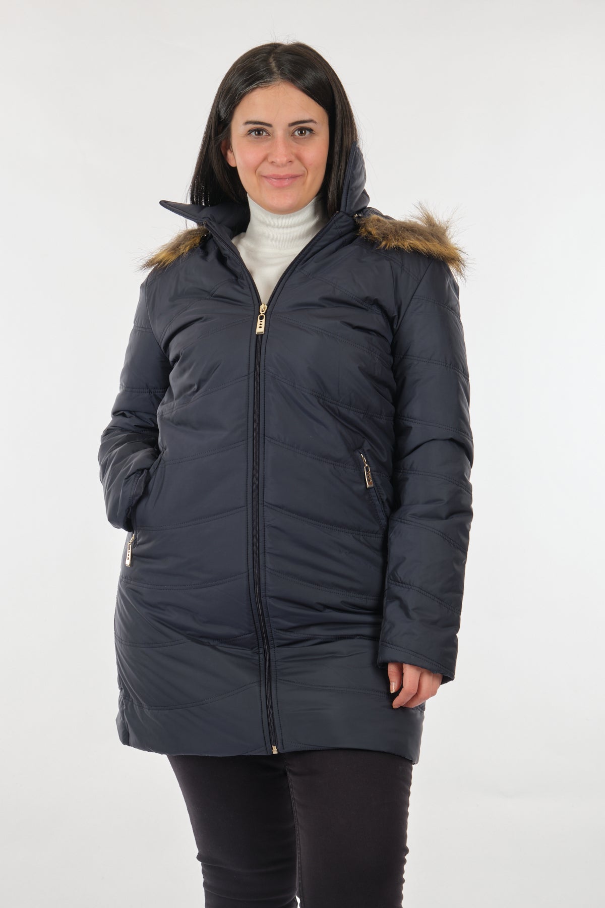 Desen Kadın Kışlık Kapüşonlu Midi Mont - Oversized, Sıcak