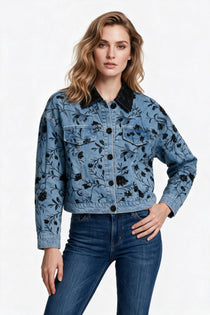 On Kadın İşlemeli Deri Yakalı Jean Ceket Crop Mont