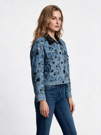 On Kadın İşlemeli Deri Yakalı Jean Ceket Crop Mont