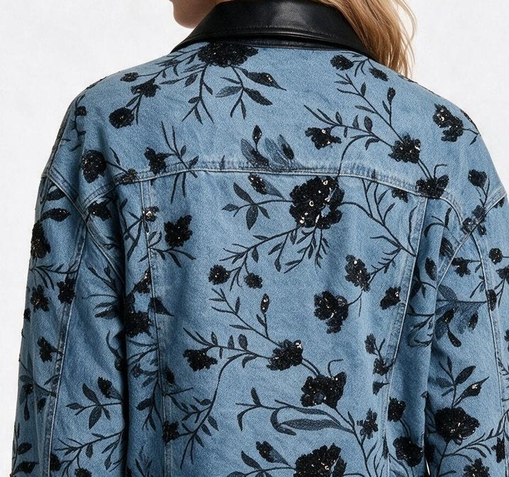 On Kadın İşlemeli Deri Yakalı Jean Ceket Crop Mont