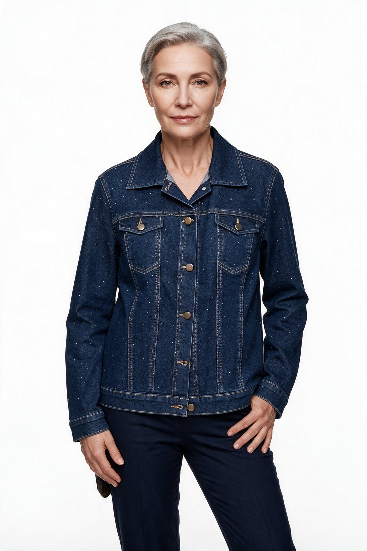 Seleste Kadın Gömlek Yaka Düğmeli Cepli Taş İşlemeli Denim Ceket 26YC26-1 Main image
