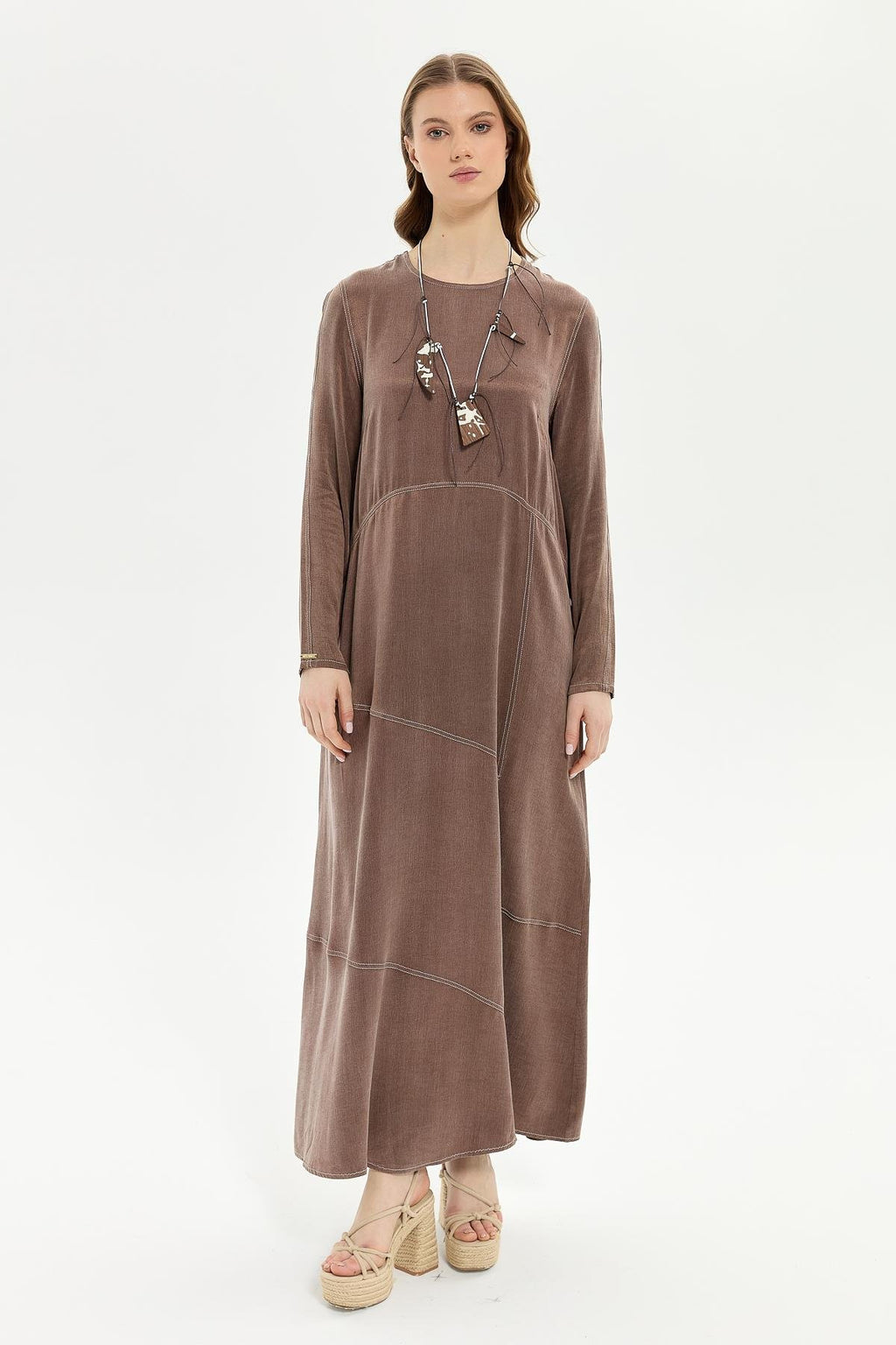 Müsemma Uzun Kol Maxi Elbise - Minimalist, Günlük, Doğal Kumaş