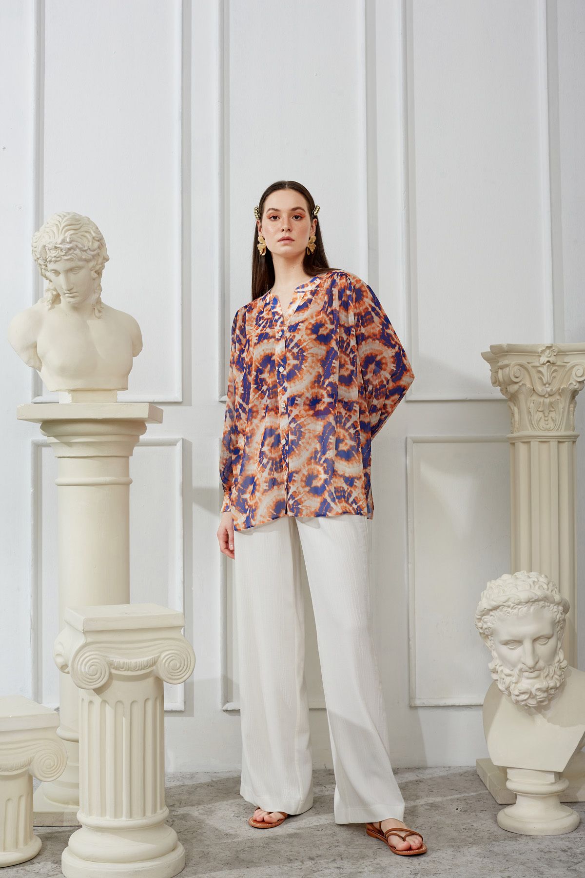 Naar Oversize Uzun Kol Şifon Bluz - Vintage Batik Baskı - Rahat Kesim Main image