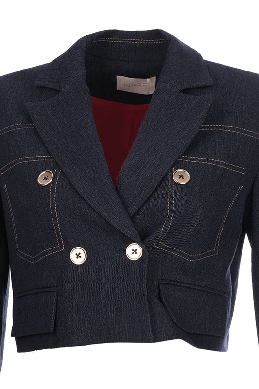 Naar Minimalist Crop Denim Jacket - 3/4 Sleeve, Double Button - Everyday Chic