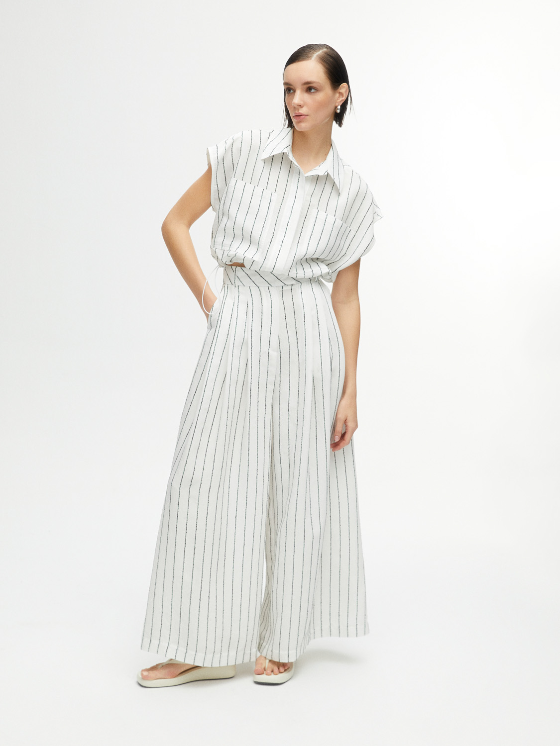 Nocturne Oversize Çizgili Keten Pantolon - Midi - Yüksek Bel Main image