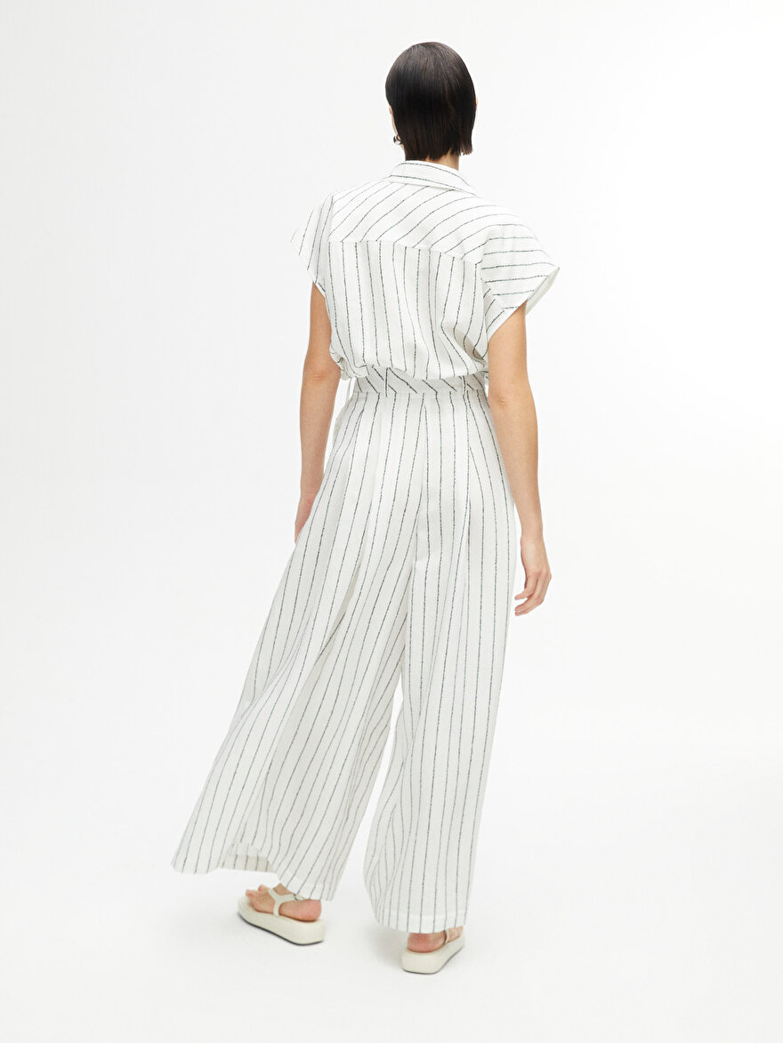 Nocturne Oversize Çizgili Keten Pantolon - Midi - Yüksek Bel