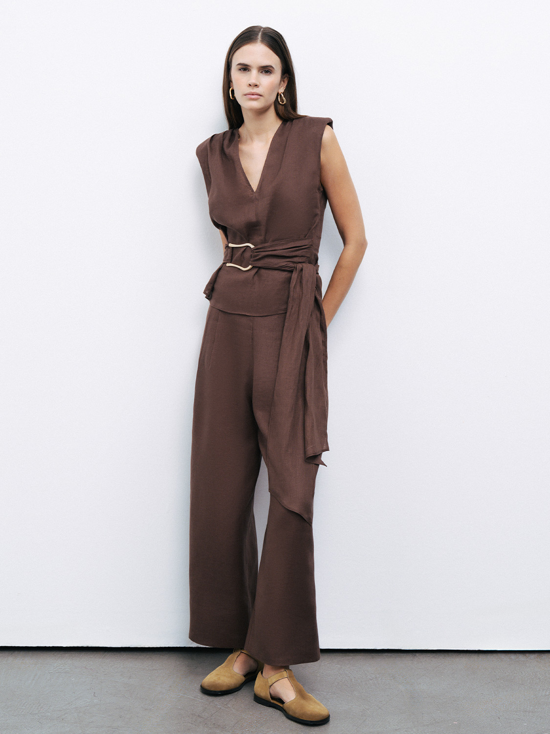 Nocturne Minimalist V Yaka Oversize Keten Midi Pantolon - Günlük Şıklık Ana görsel