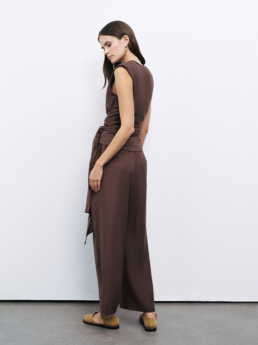 Nocturne Minimalist V Yaka Oversize Keten Midi Pantolon - Günlük Şıklık İkincil görsel