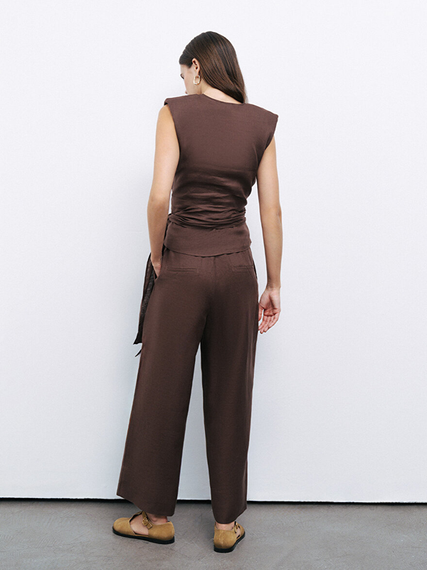 Nocturne Minimalist V Yaka Oversize Keten Midi Pantolon - Günlük Şıklık