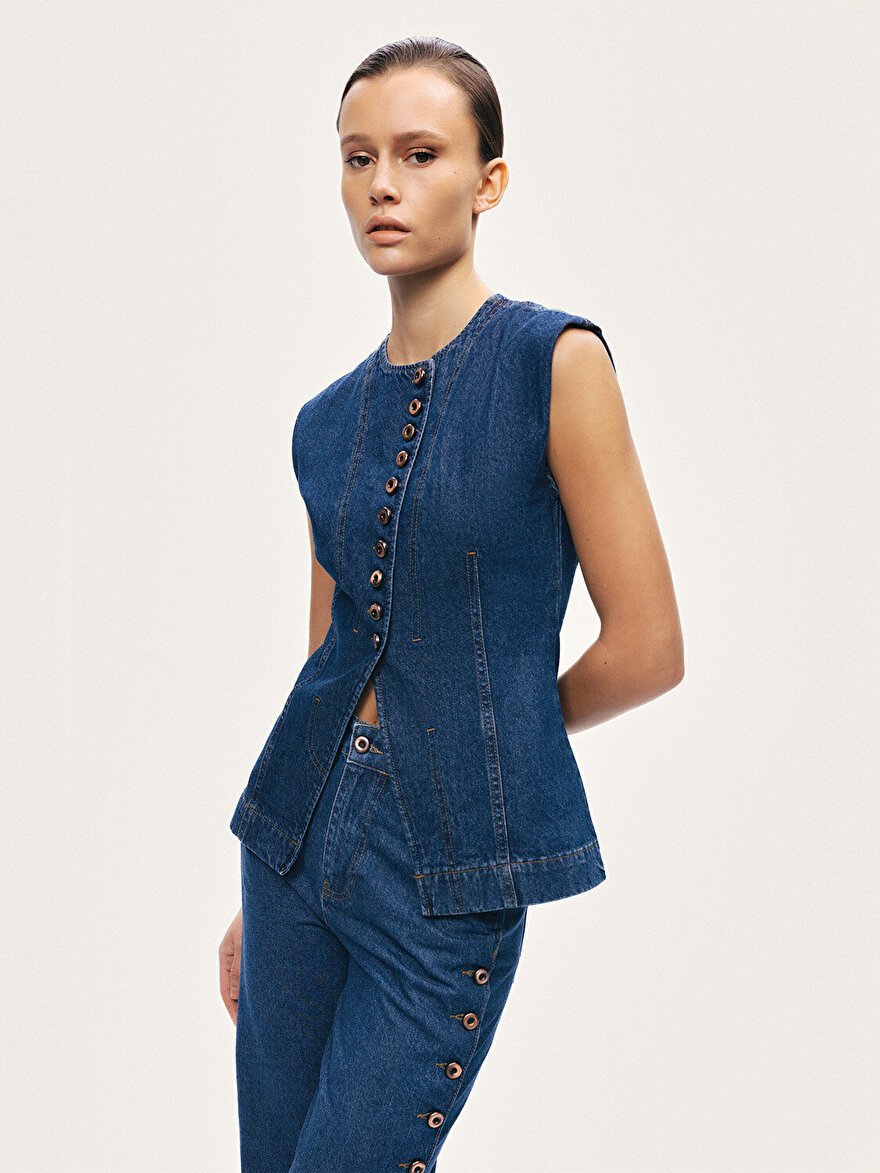 Nocturne Metal Düğmeli Denim Yelek N26YD7080 İkincil görsel