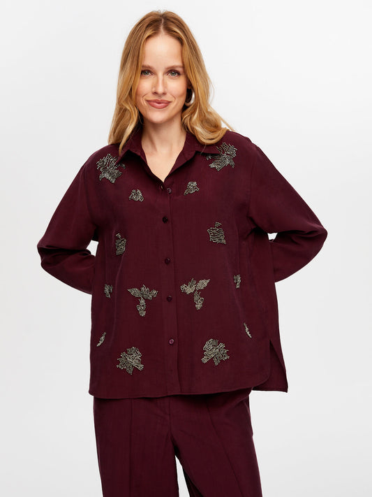 Omuzu Boncuk Şerit Detaylı Poplin Gömlek Faik Sönmez