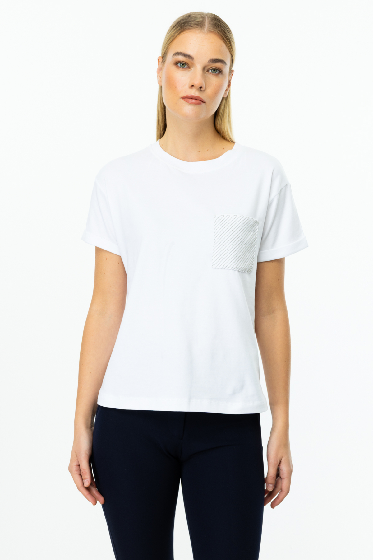 On Oversize Minimalist Cep Detaylı Kadın Bluz - Kısa Kol İkincil görsel