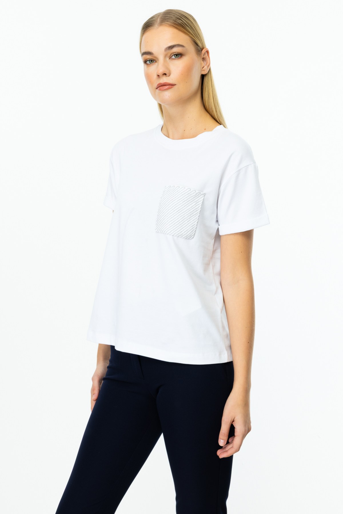 On Oversize Minimalist Cep Detaylı Kadın Bluz - Kısa Kol Ana görsel