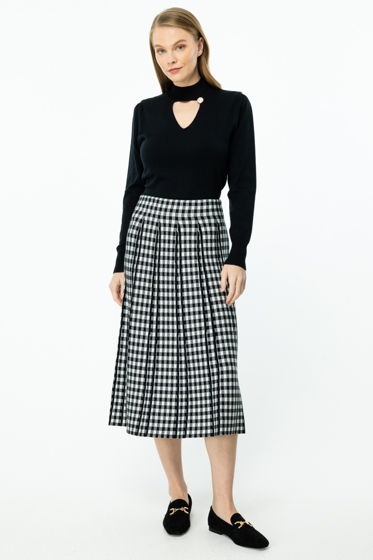 On Kadın Midi Pileli Gingham Etek - Vintage Minimalist Stil Ana görsel