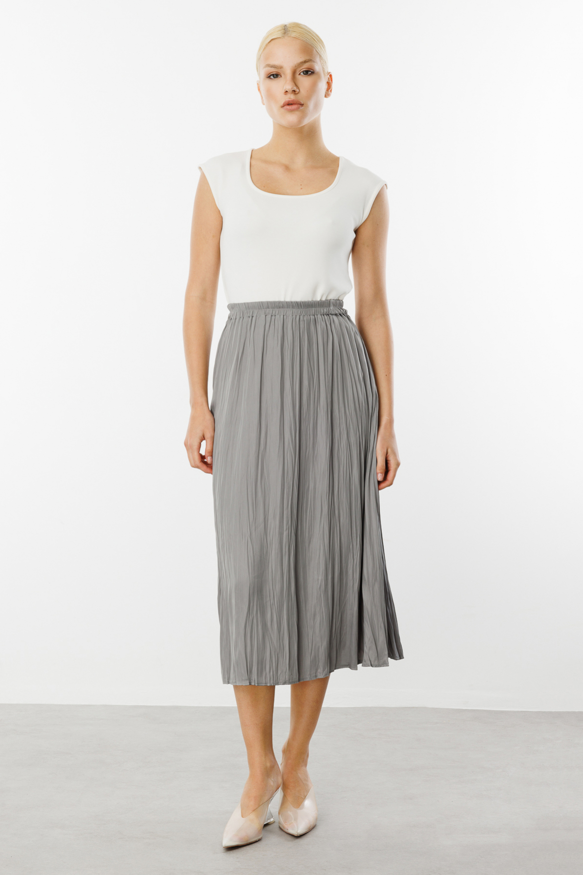 On Kadın Midi Pileli Etek - Minimalist Stil - Yüksek Bel İkincil görsel