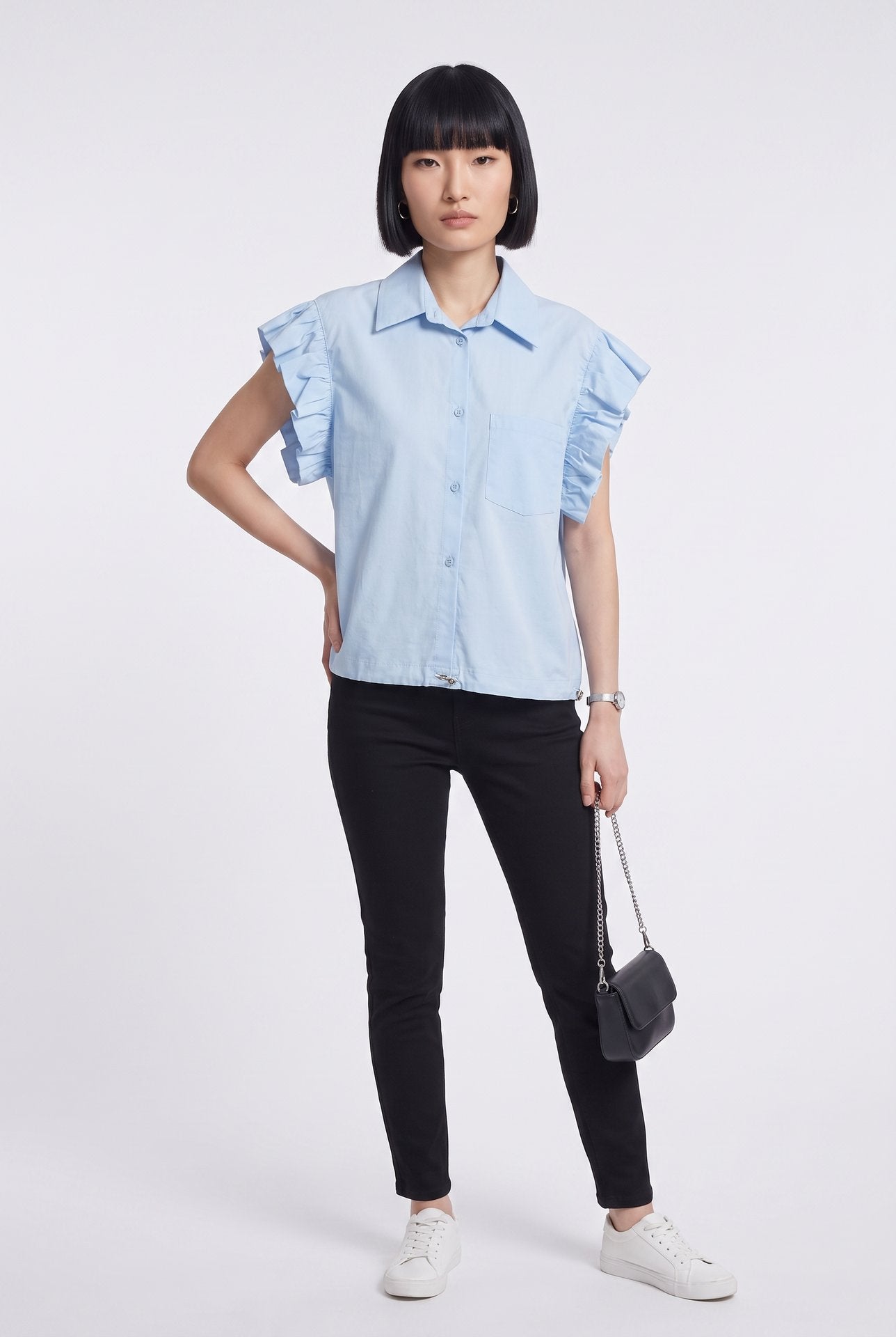 On Kadın Fırfırlı Kısa Kol Crop Gömlek - Minimalist Secondary image