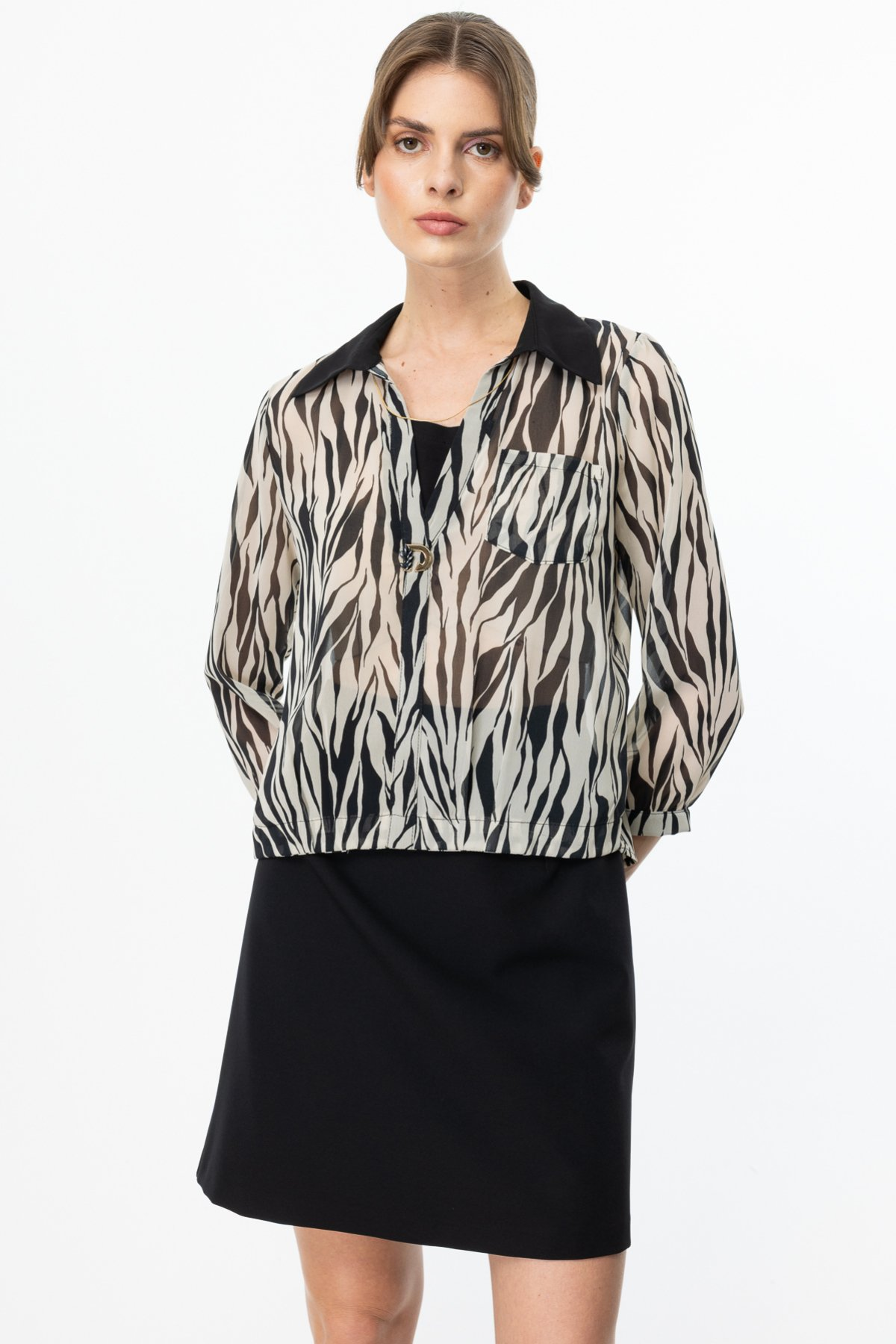 On Desenli Transparan Bluz 25Y56413 Ana görsel