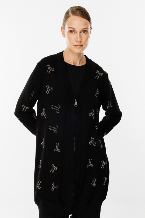 On Kadın Oversize Midi Hırka - Fermuarlı Nakışlı - Günlük Şıklık