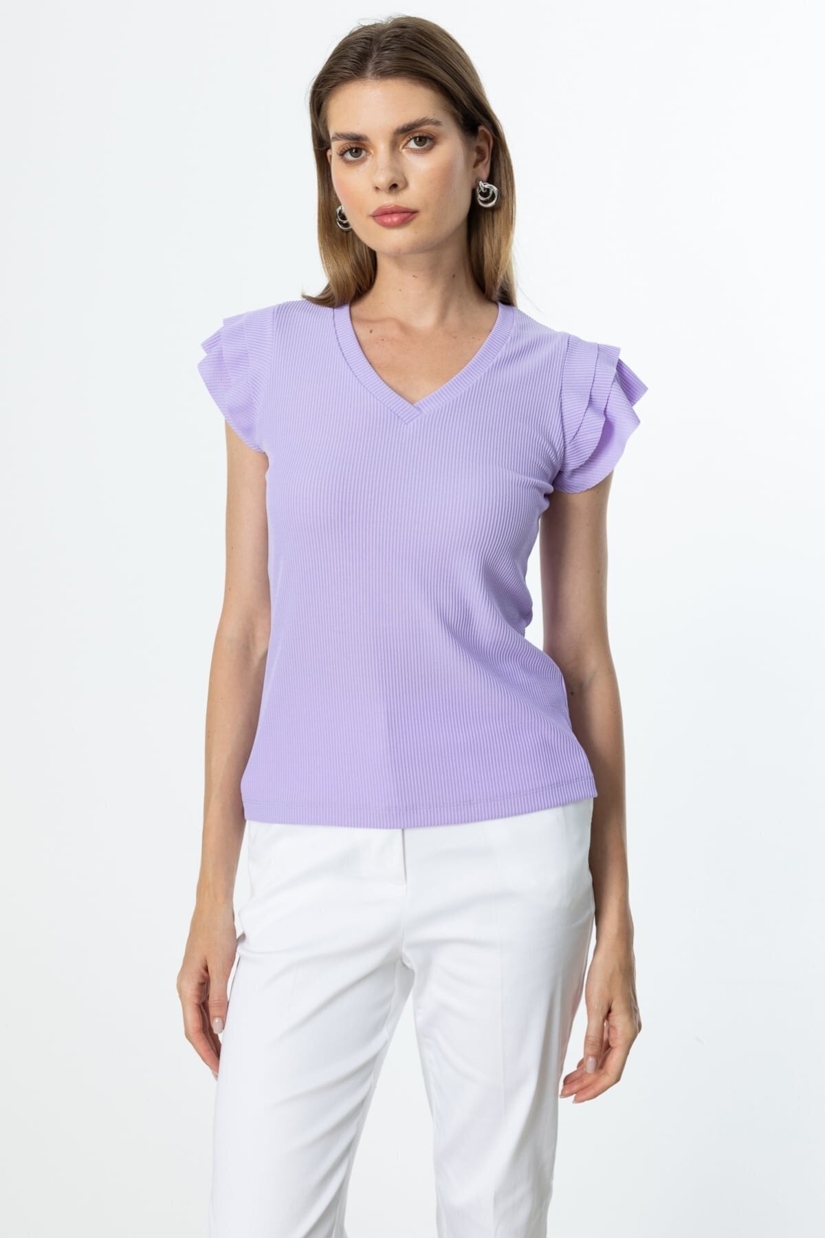 On Kadın Minimalist V Yaka Kısa Kol Bluz - Regular Fit Secondary image