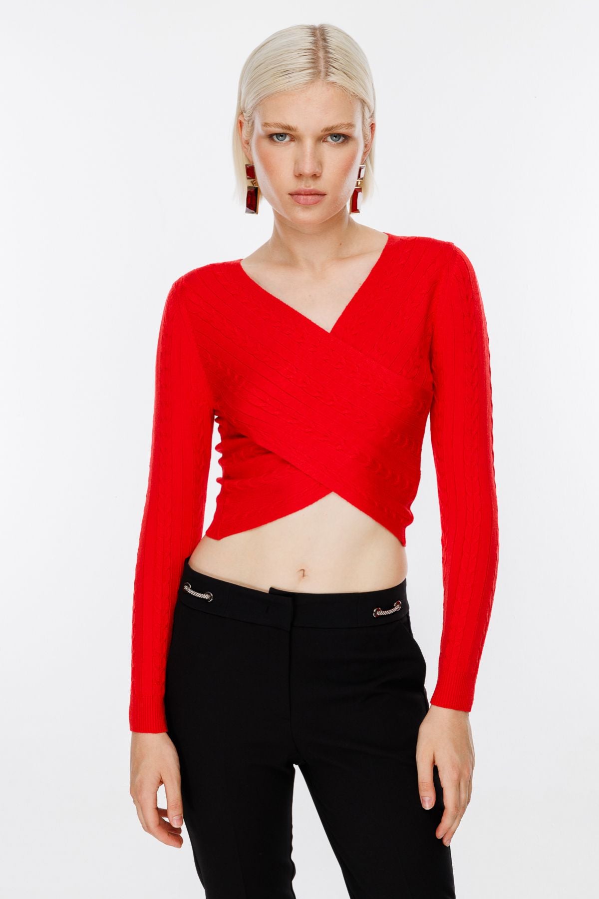 On Kadın Oversize V Yaka Crop Kazak - Uzun Kol Main image