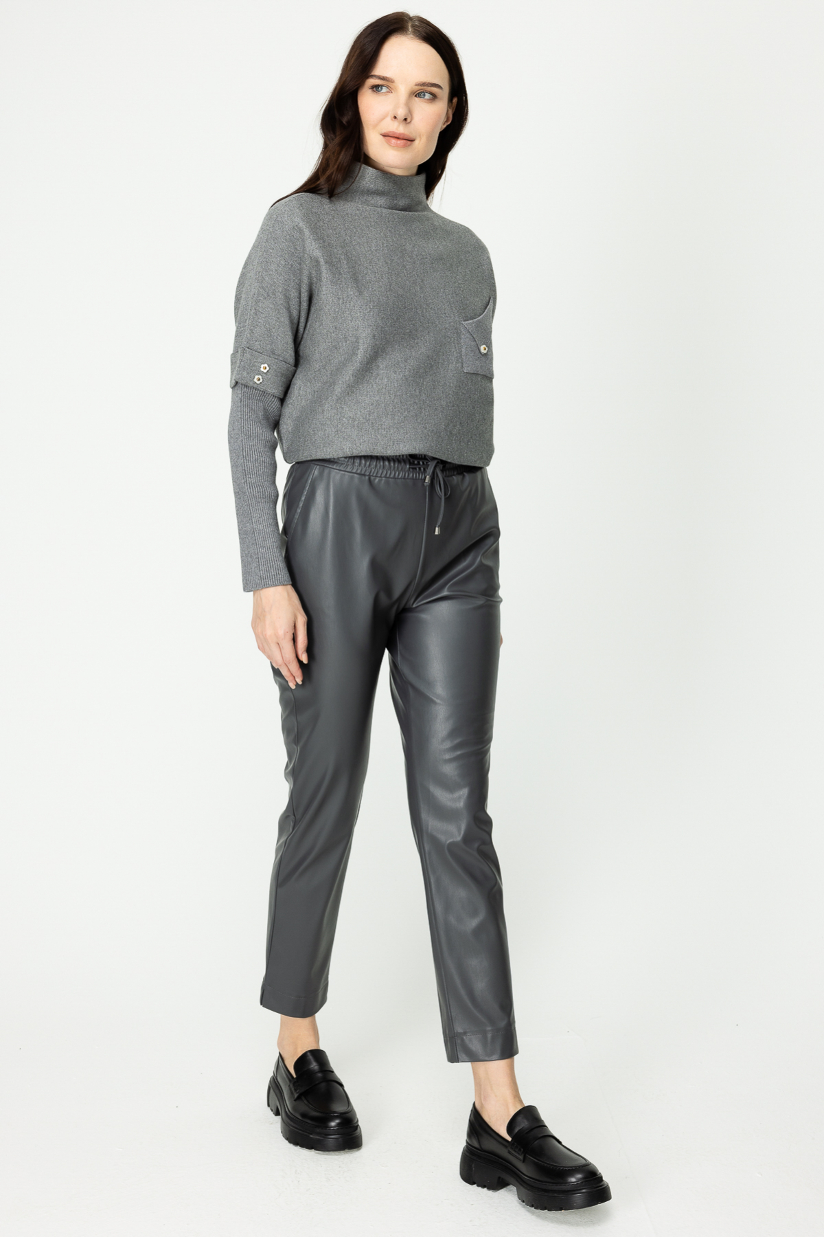 On Kadın Minimalist Deri Look Midi Pantolon - Yüksek Bel - Bağcıklı Secondary image