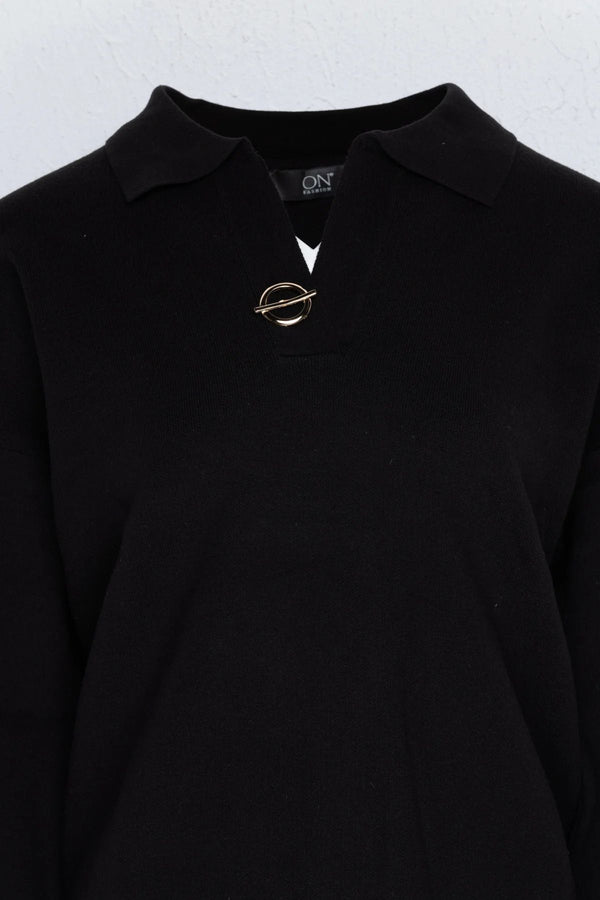 On Kadın Polo Yaka Uzun Kollu Crop Triko - Minimalist & Şık