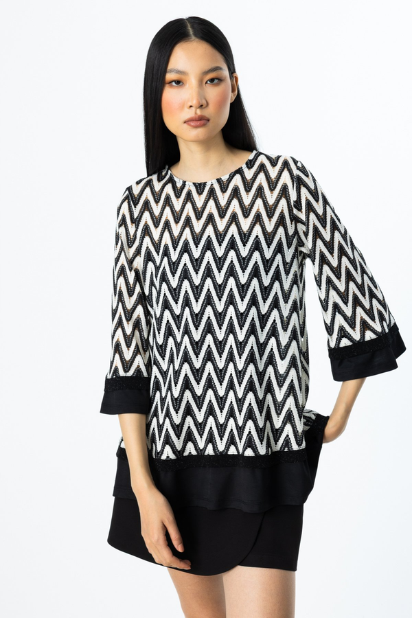 On Kadın Midi Tunik - Üç Çeyrek Kol - Zigzag Desen - Günlük & Şık