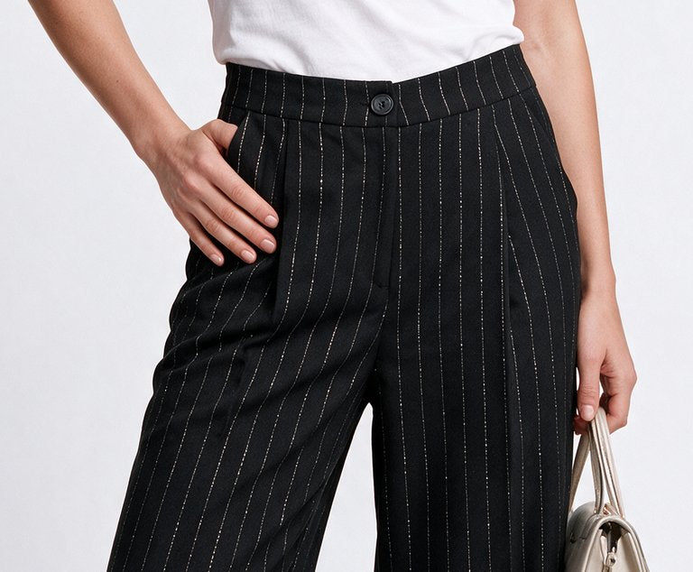 On Minimalist Çizgili Kemerli Midi Kadın Pantolon - Geniş Paça