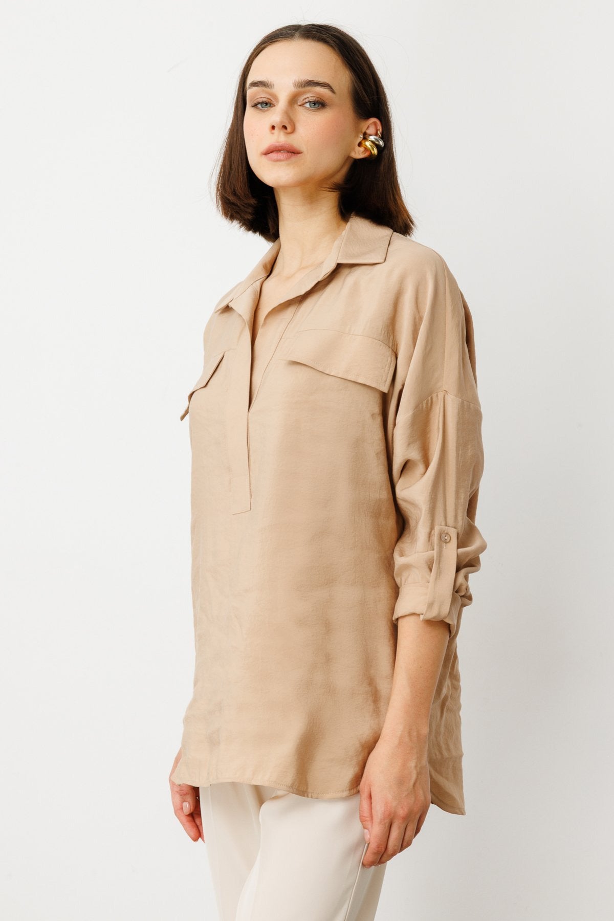 On Minimalist Oversize 3/4 Kol Cep Detaylı Kadın Bluz - Günlük Tarz Secondary image