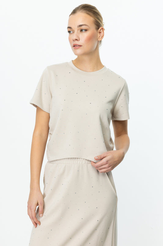 On Minimalist Taş Detaylı Kısa Kol Crop Bluz - Günlük & Şık
