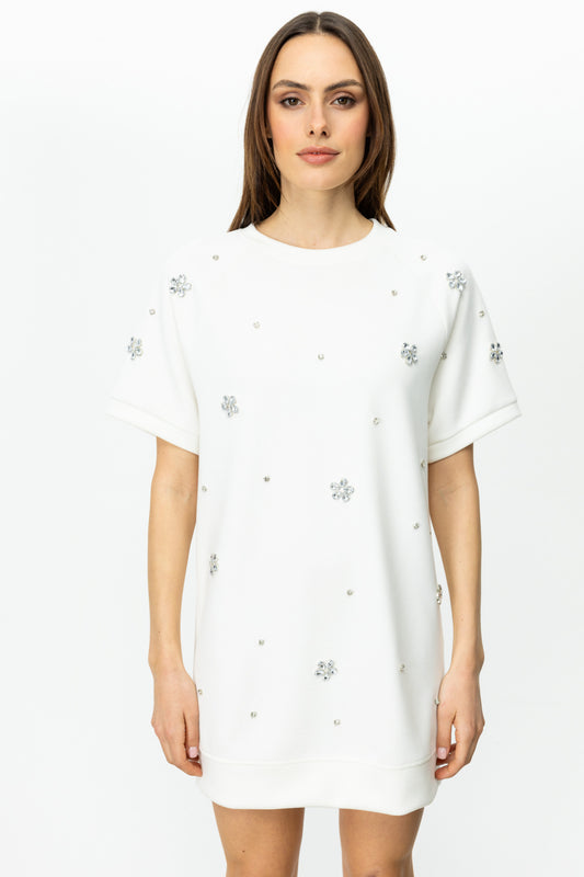 On Oversize Mini Elbise - Kısa Kol, Yuvarlak Yaka, Minimalist Stil