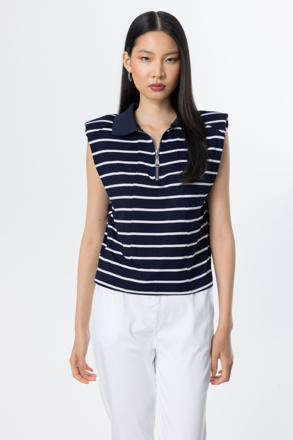 On Minimalist Çizgili Polo Yaka Kolsuz Crop Bluz - Yazlık Günlük Kombin