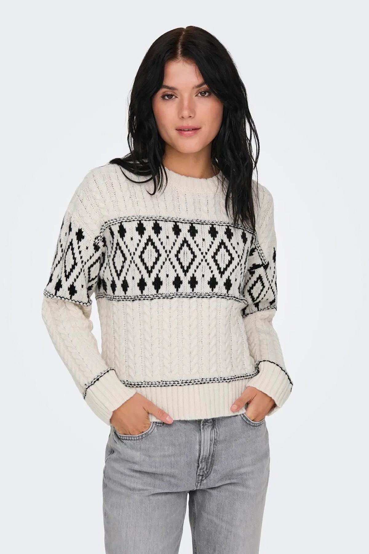 Only Minimalist Kablo Örgü Crop Kadın Kazak - Vintage Tarz Main image