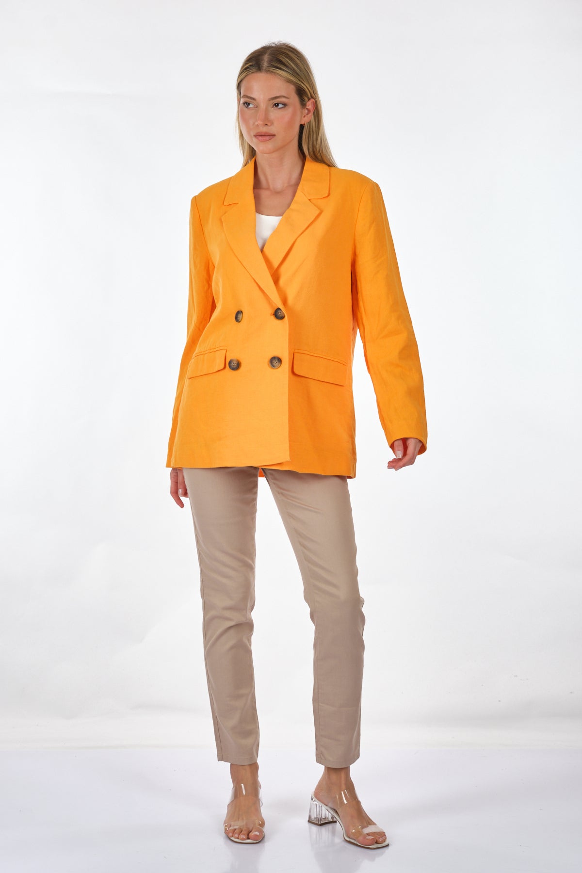 Only Oversize Minimalist Keten Kadın Ceket - Uzun Kol - Çift Düğme Main image